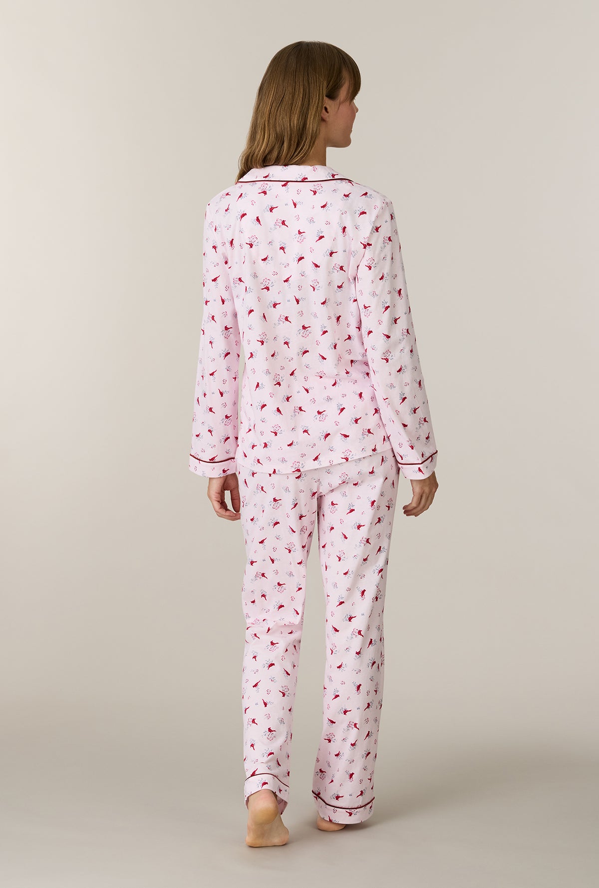 A lady wearing Morning Cardinals Cotton Long Pajama Set back view
