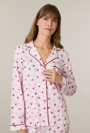 A lady wearing Morning Cardinals Cotton Long Pajama Set closer look