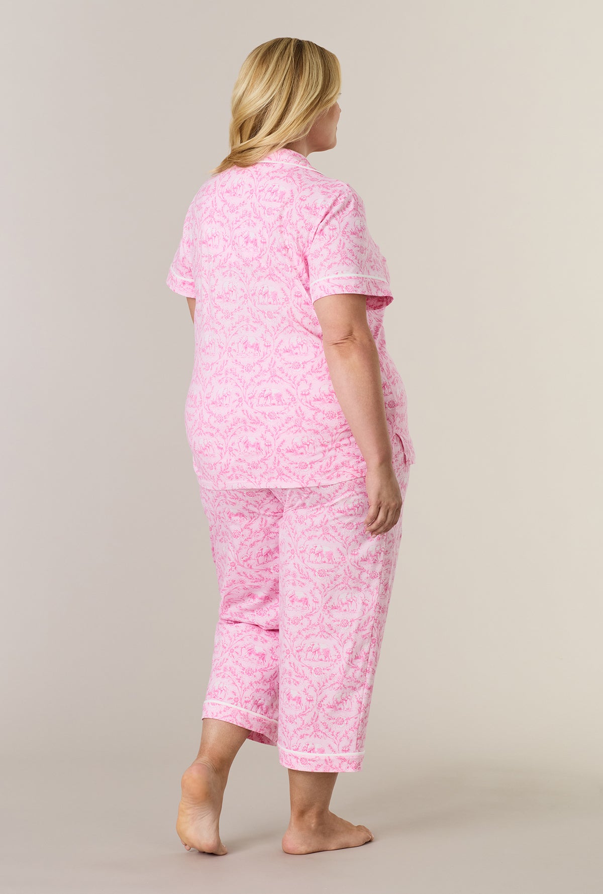 A lady wearing plus size Fairytale Toile Cotton Notch Collar Capri Pajama Set back view