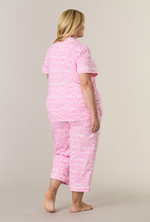A lady wearing plus size Fairytale Toile Cotton Notch Collar Capri Pajama Set back view