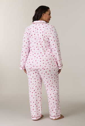 A lady wearing plus size Morning Cardinals Cotton Long Pajama Set back view