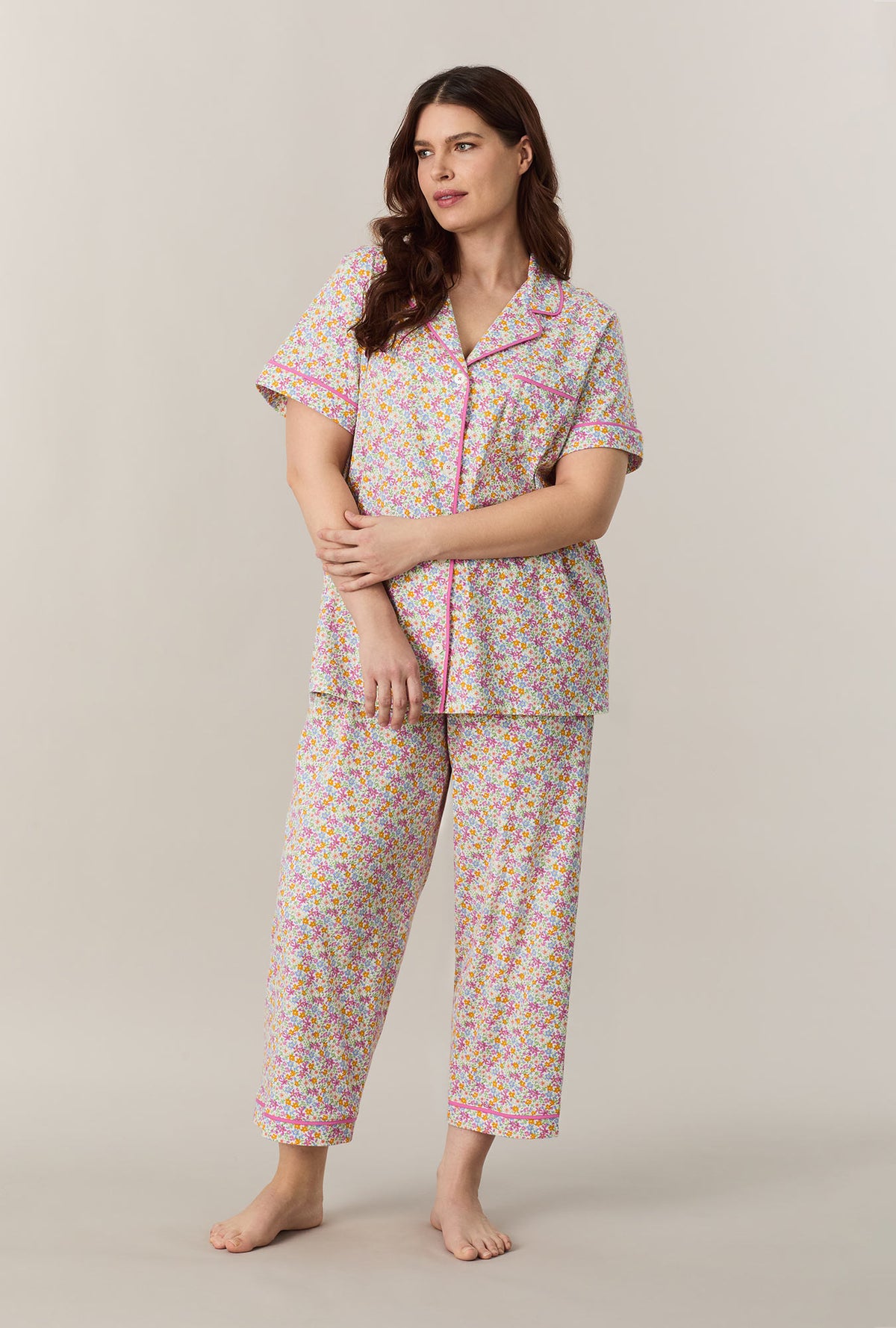 A lady wearing plus size Summer Meadow Cotton Capri Pajama Set looking front