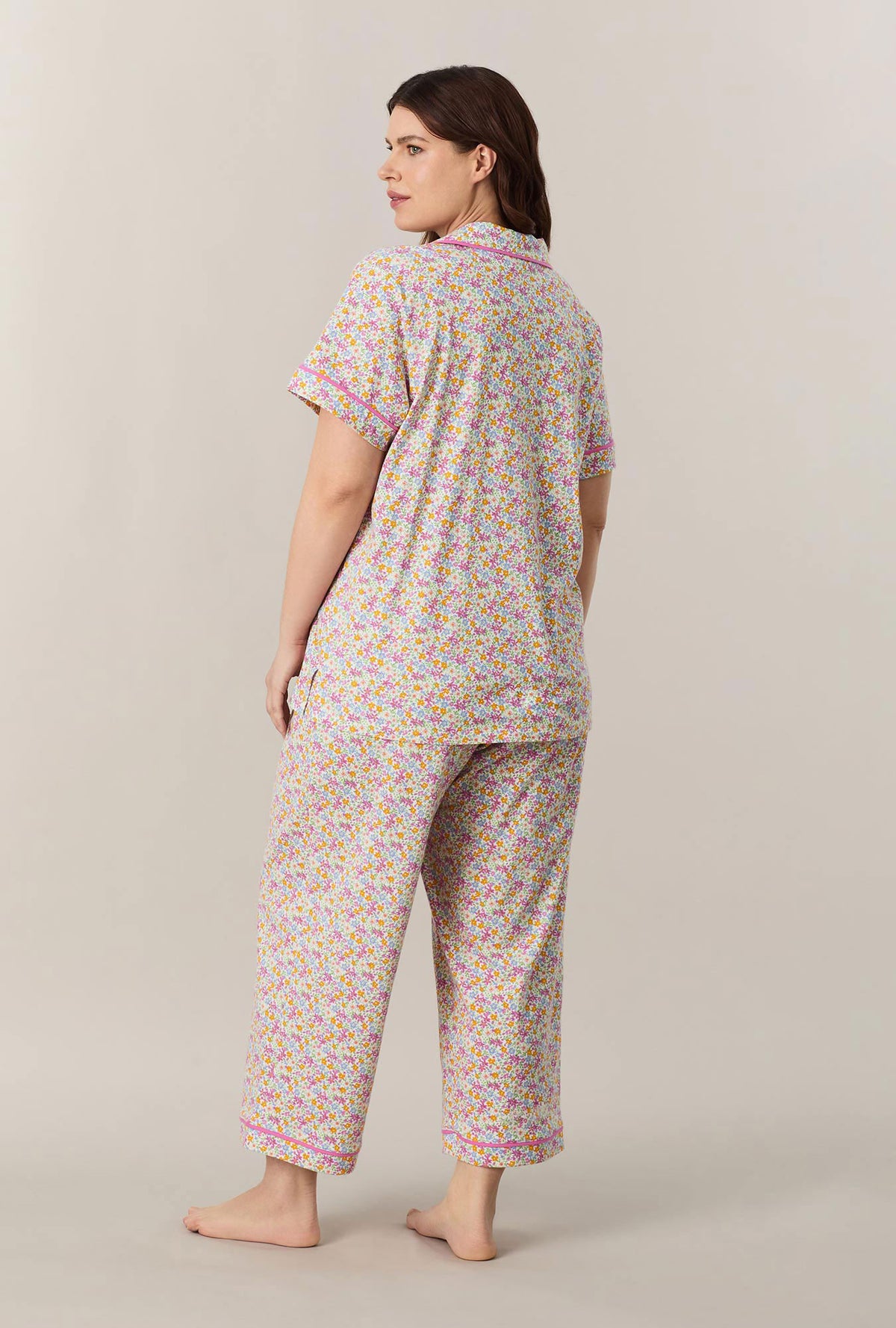 A lady wearing plus size Summer Meadow Cotton Capri Pajama Set back view