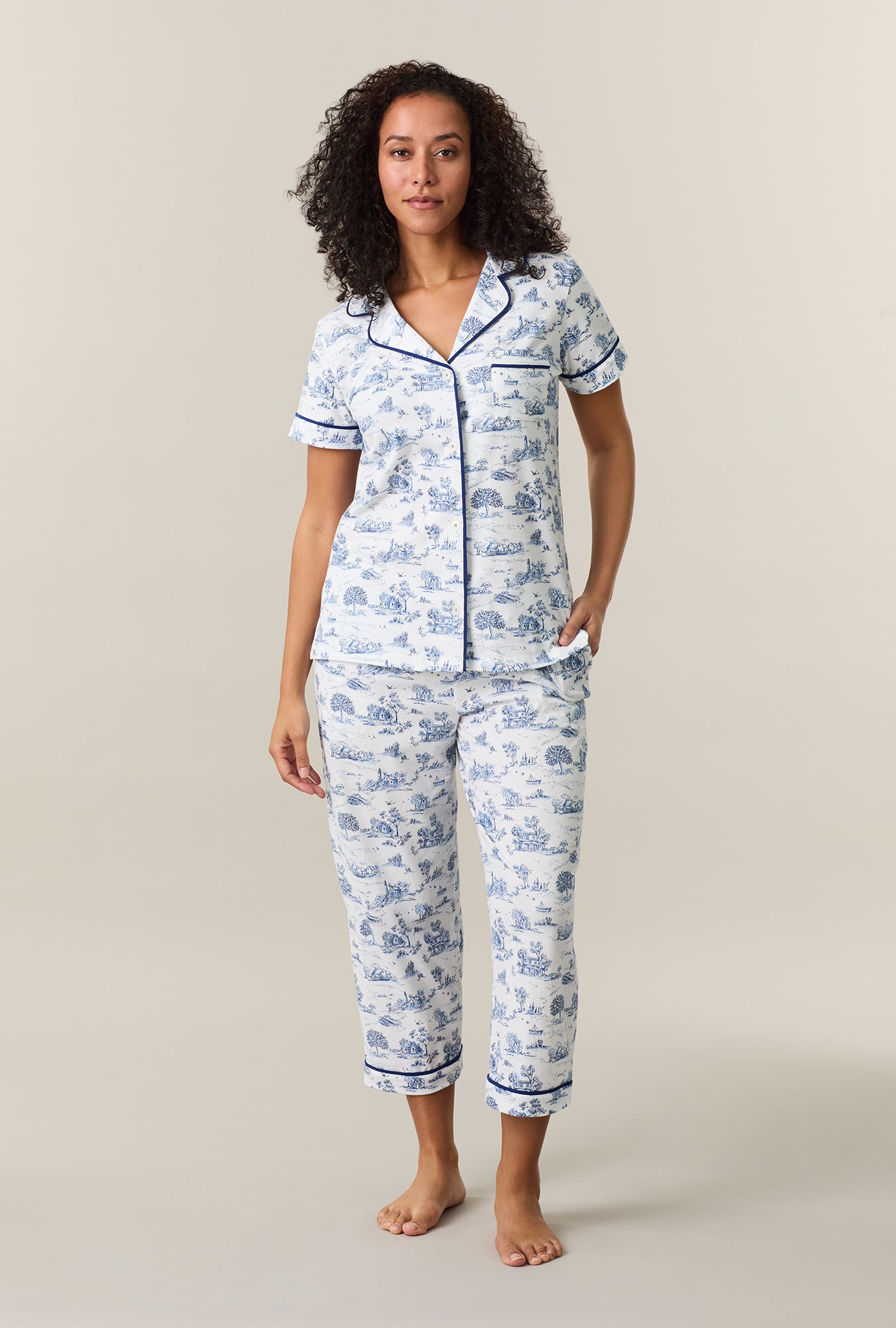A lady wearing White Countryside Cotton Capri Pajama Set