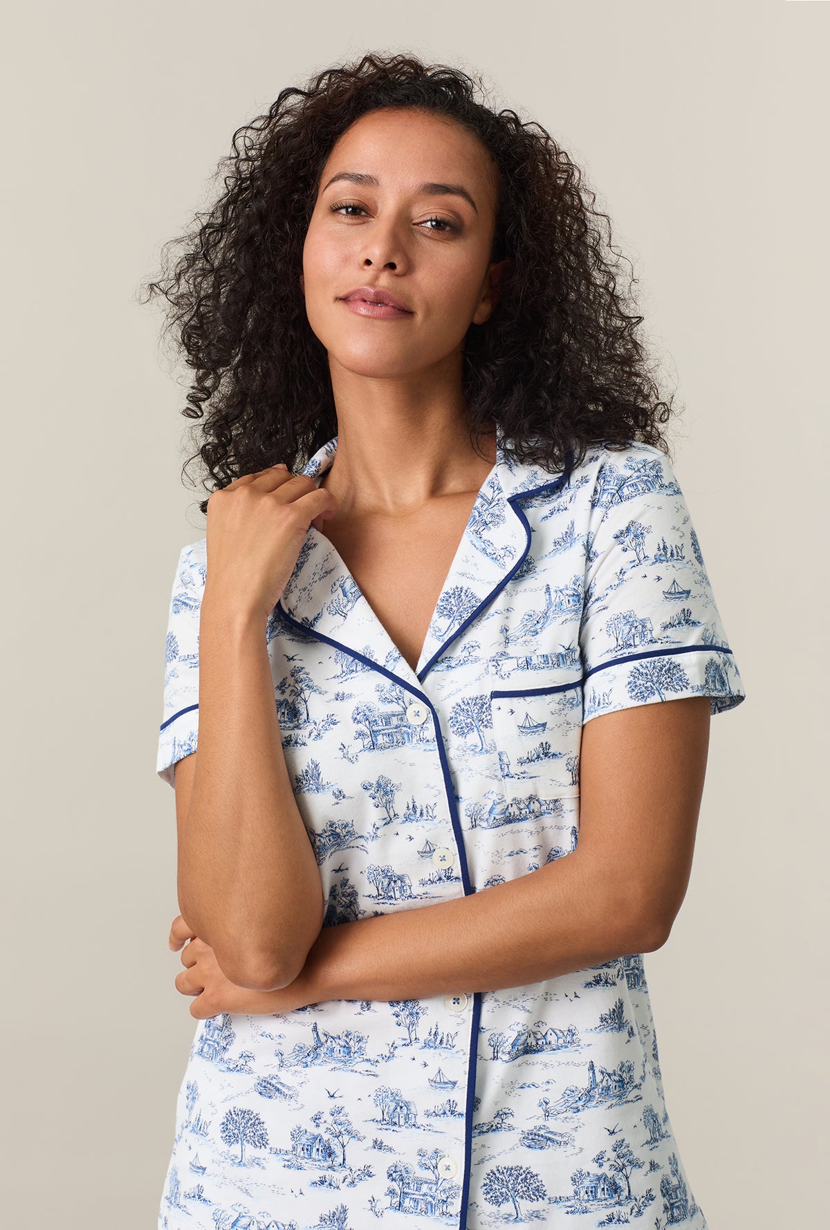 A lady wearing White Countryside Cotton Capri Pajama Set