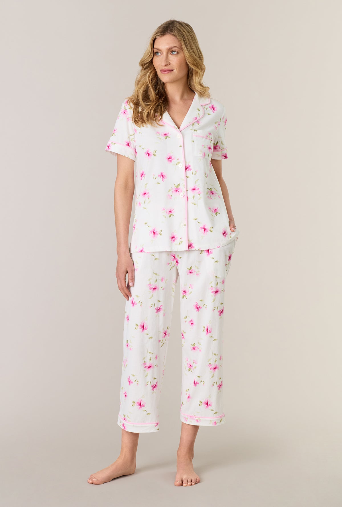 A lady wearing Blush Garden Cotton Notch Collar Capri Pajama Set