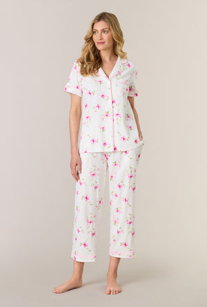 A lady wearing Blush Garden Cotton Notch Collar Capri Pajama Set