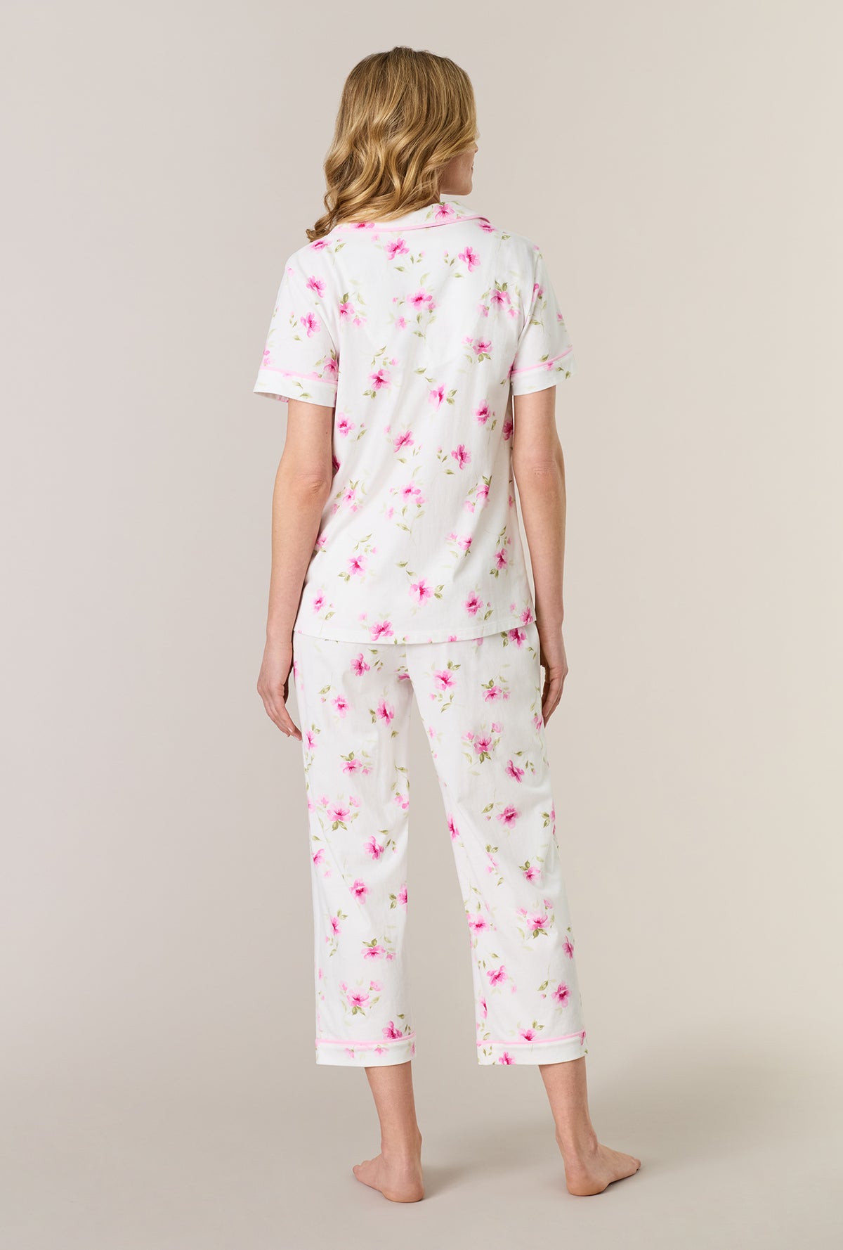 A lady wearing Blush Garden Cotton Notch Collar Capri Pajama Set back view