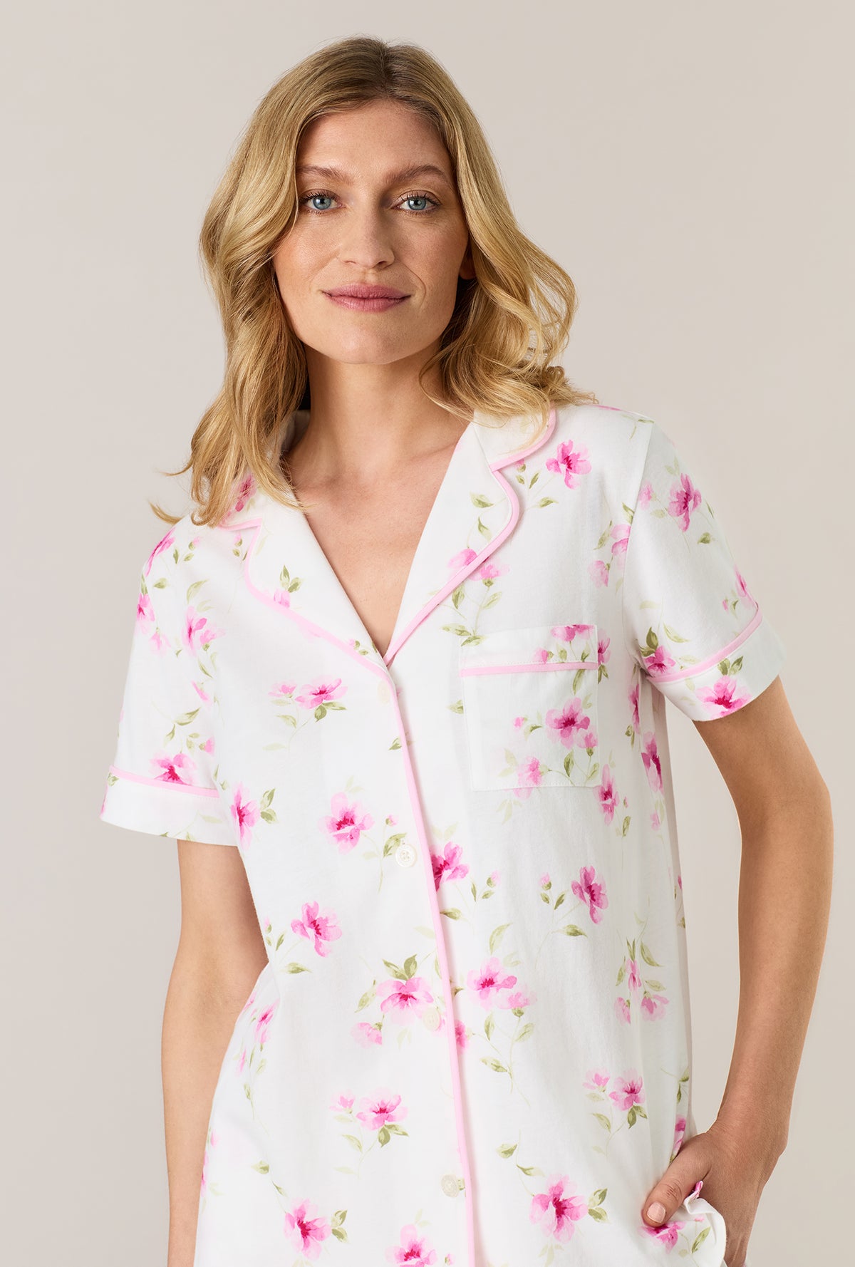 A lady wearing Blush Garden Cotton Notch Collar Capri Pajama Set closer look