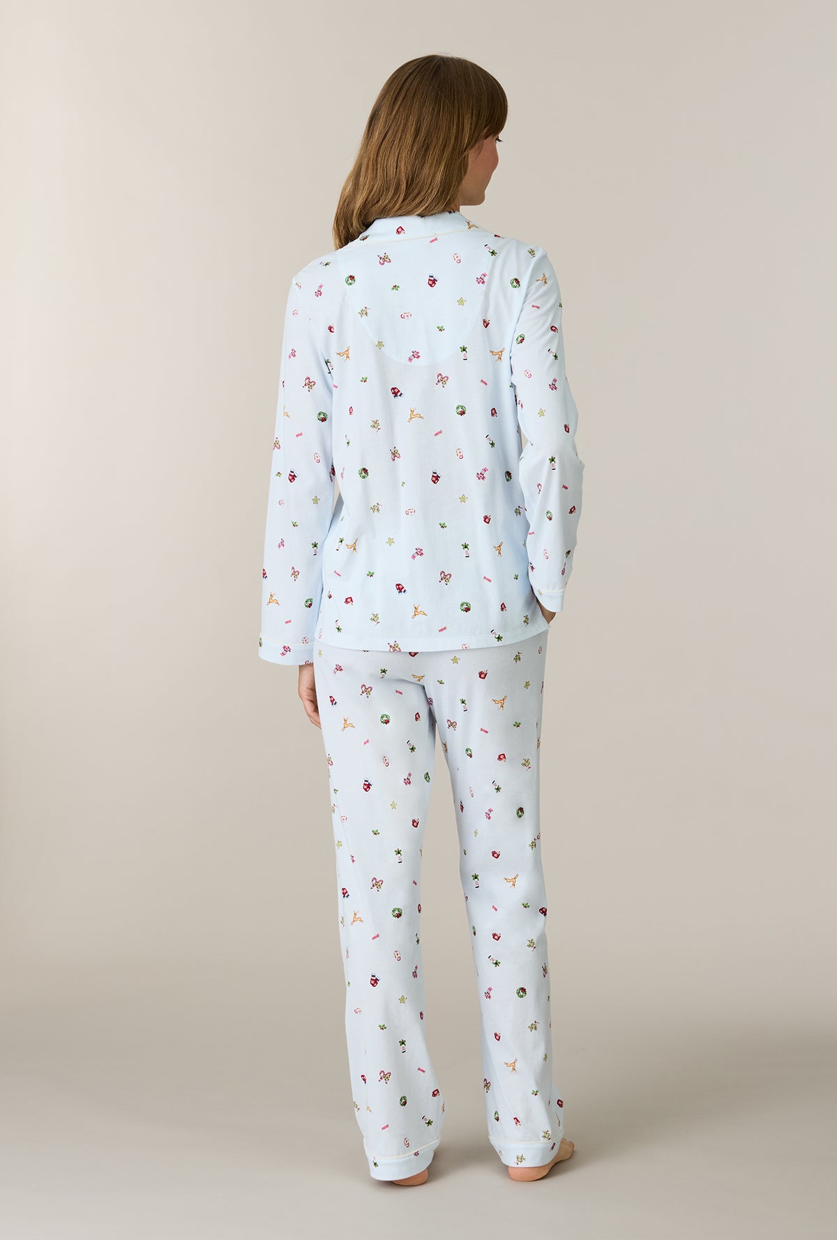 A lady wearing Holiday Keepsakes Cotton Long Pajama Set back view