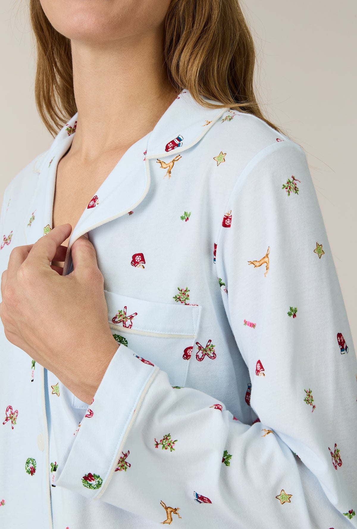 A lady wearing Holiday Keepsakes Cotton Long Pajama Set closer look