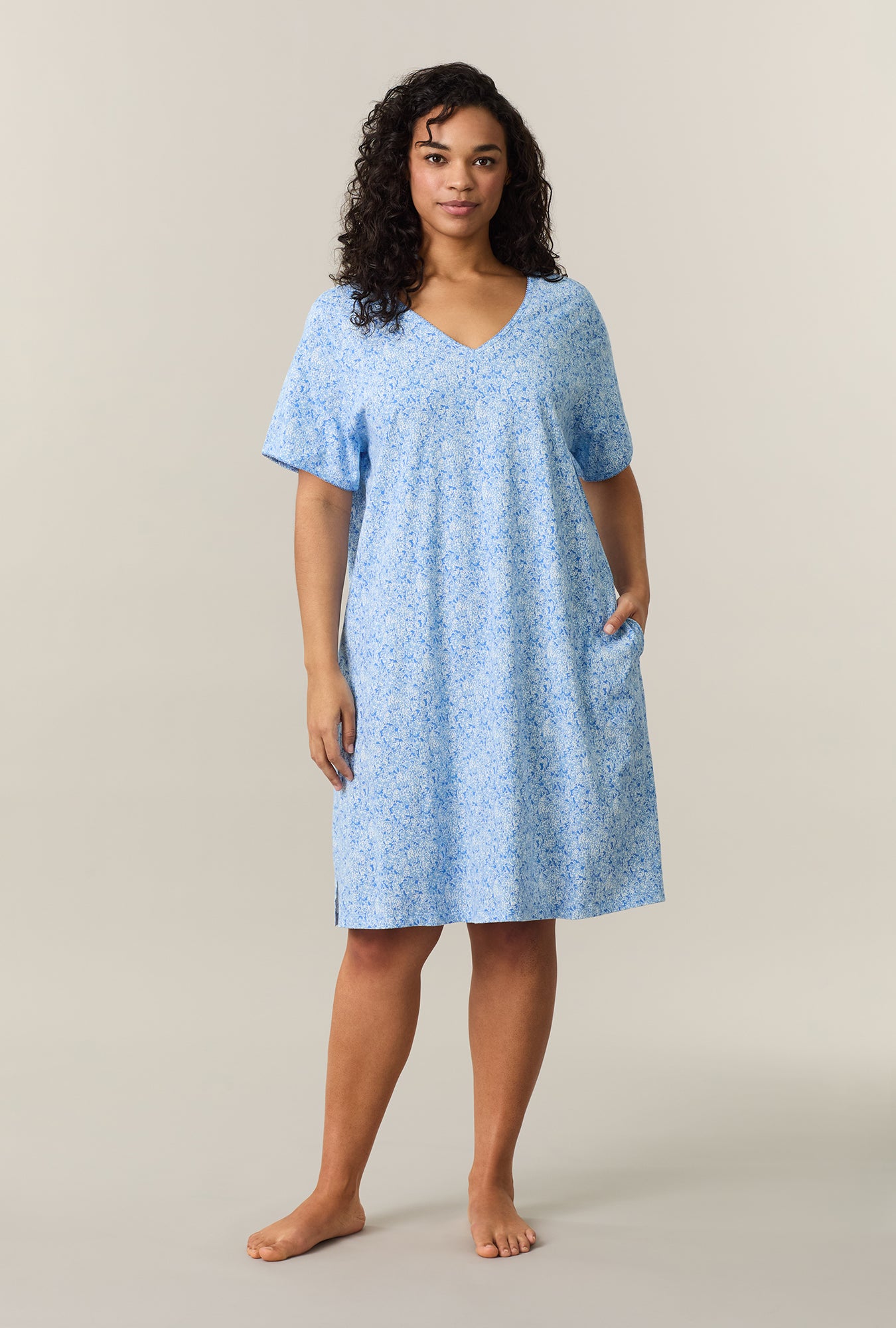 A lady wearing Ultramarine Floral Short Sleeve Cotton Short Sleepshirt