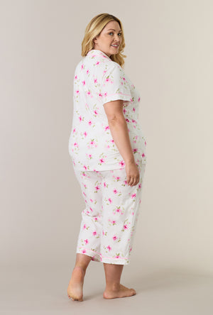 A lady wearing plus size Blush Garden Cotton Notch Collar Capri Pajama Set back view