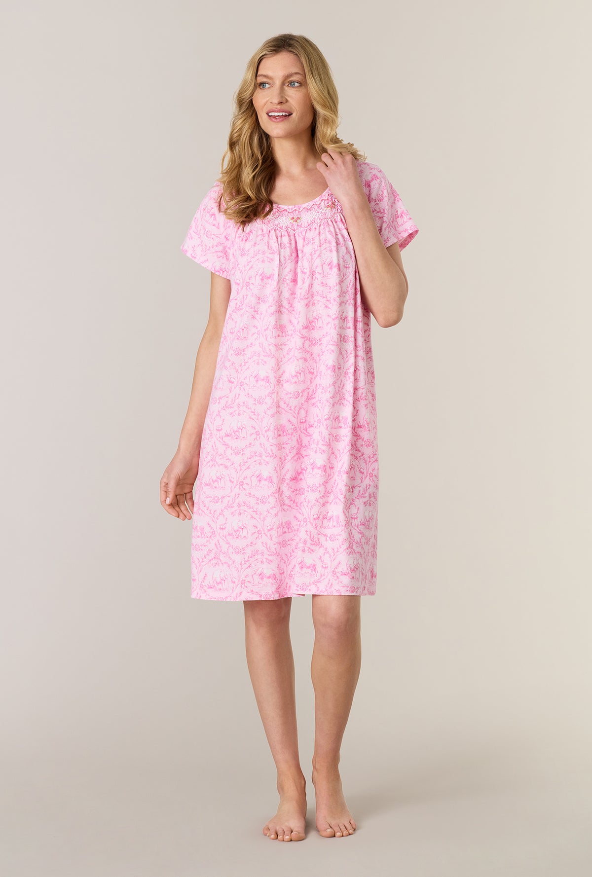 A lady wearing Fairytale Toile Short Sleeve Cotton Short Nightgown 