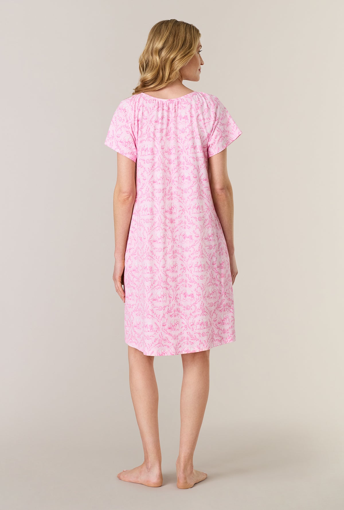 A lady wearing Fairytale Toile Short Sleeve Cotton Short Nightgown back view