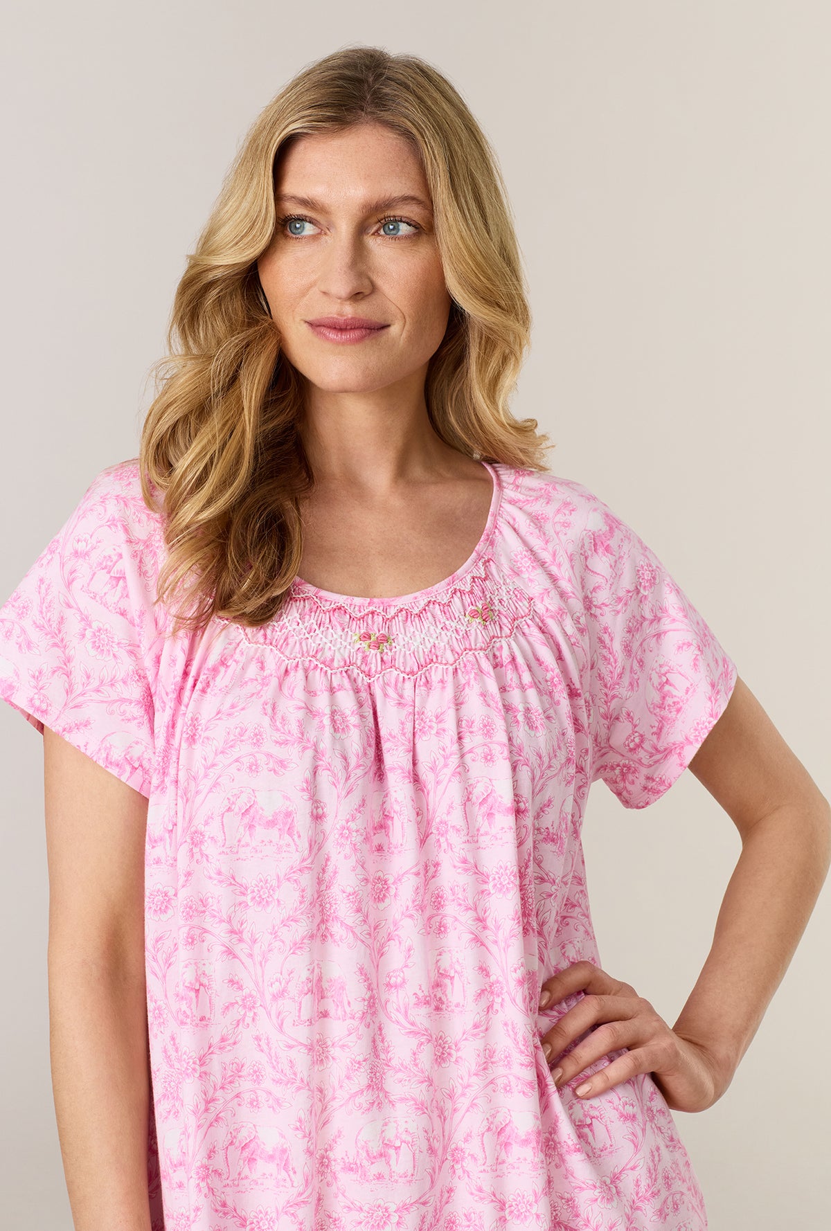 A lady wearing Fairytale Toile Short Sleeve Cotton Short Nightgown closer look