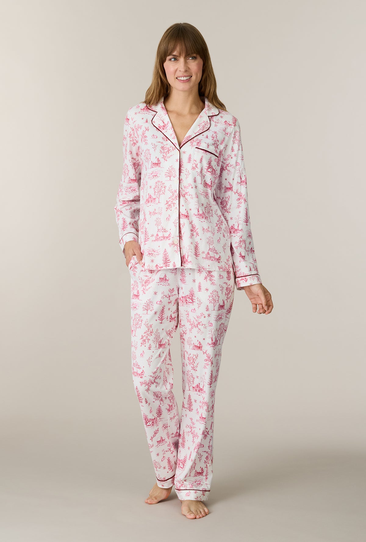 A lady wearing Winter Cottage Toile Cotton Long Pajama Set