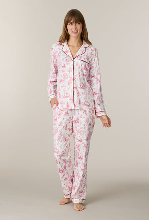 A lady wearing Winter Cottage Toile Cotton Long Pajama Set
