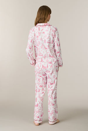 A lady wearing Winter Cottage Toile Cotton Long Pajama Set back view