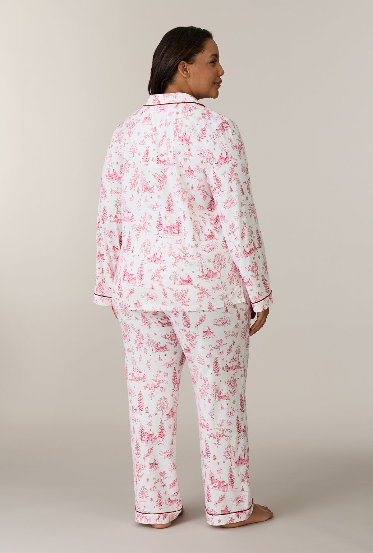 A lady wearing plus size Winter Cottage Toile Cotton Long Pajama Set back view
