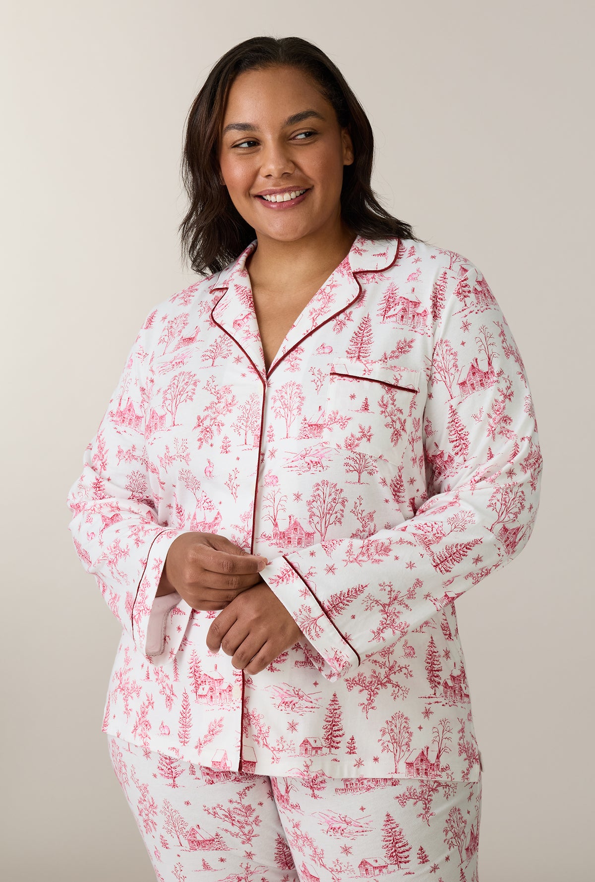A lady wearing plus size Winter Cottage Toile Cotton Long Pajama Set closer look