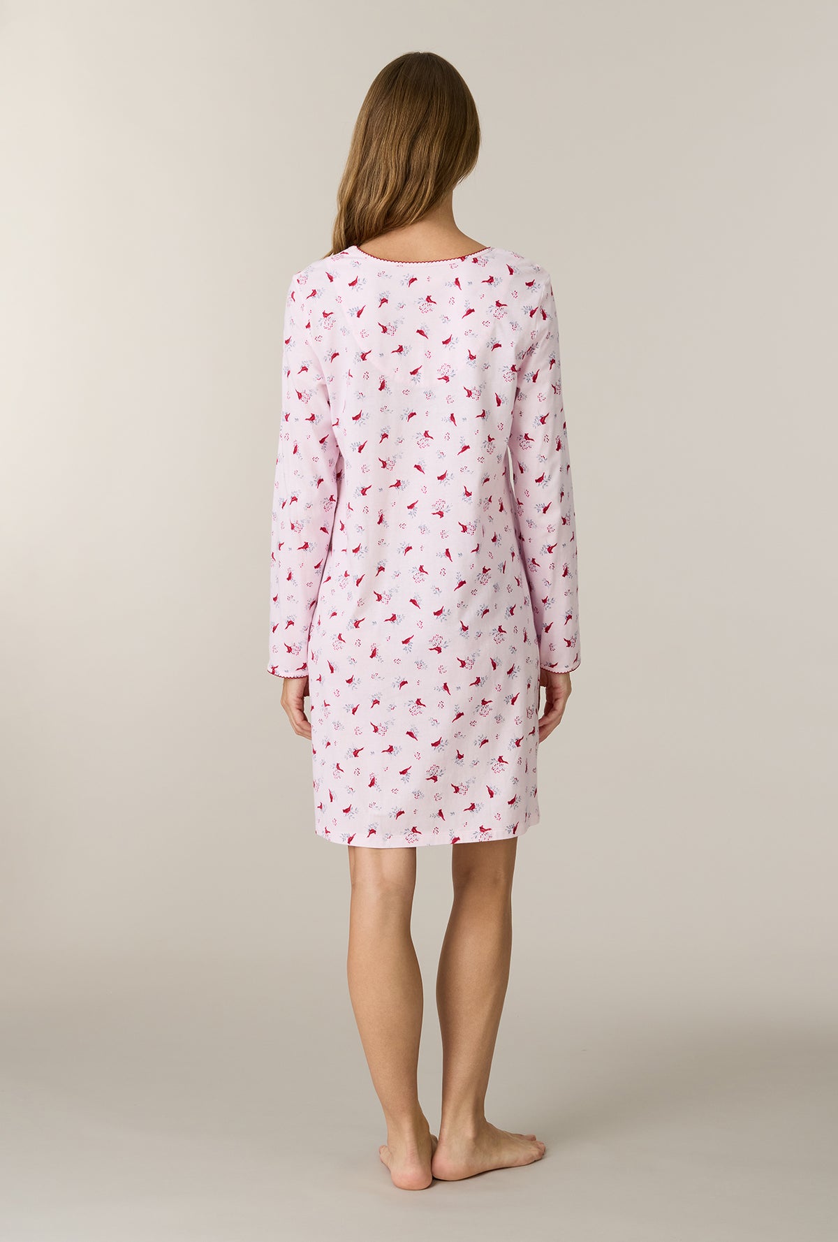 A lady wearing Morning Cardinals Cotton Short Nightgown back view