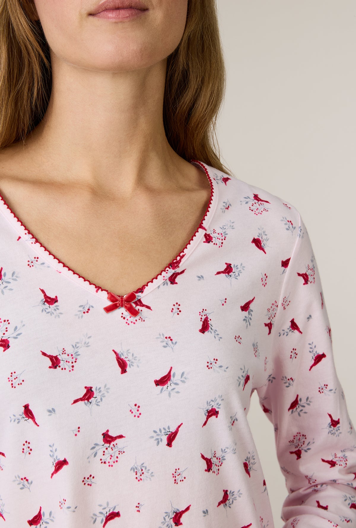 A lady wearing Morning Cardinals Cotton Short Nightgown closer look