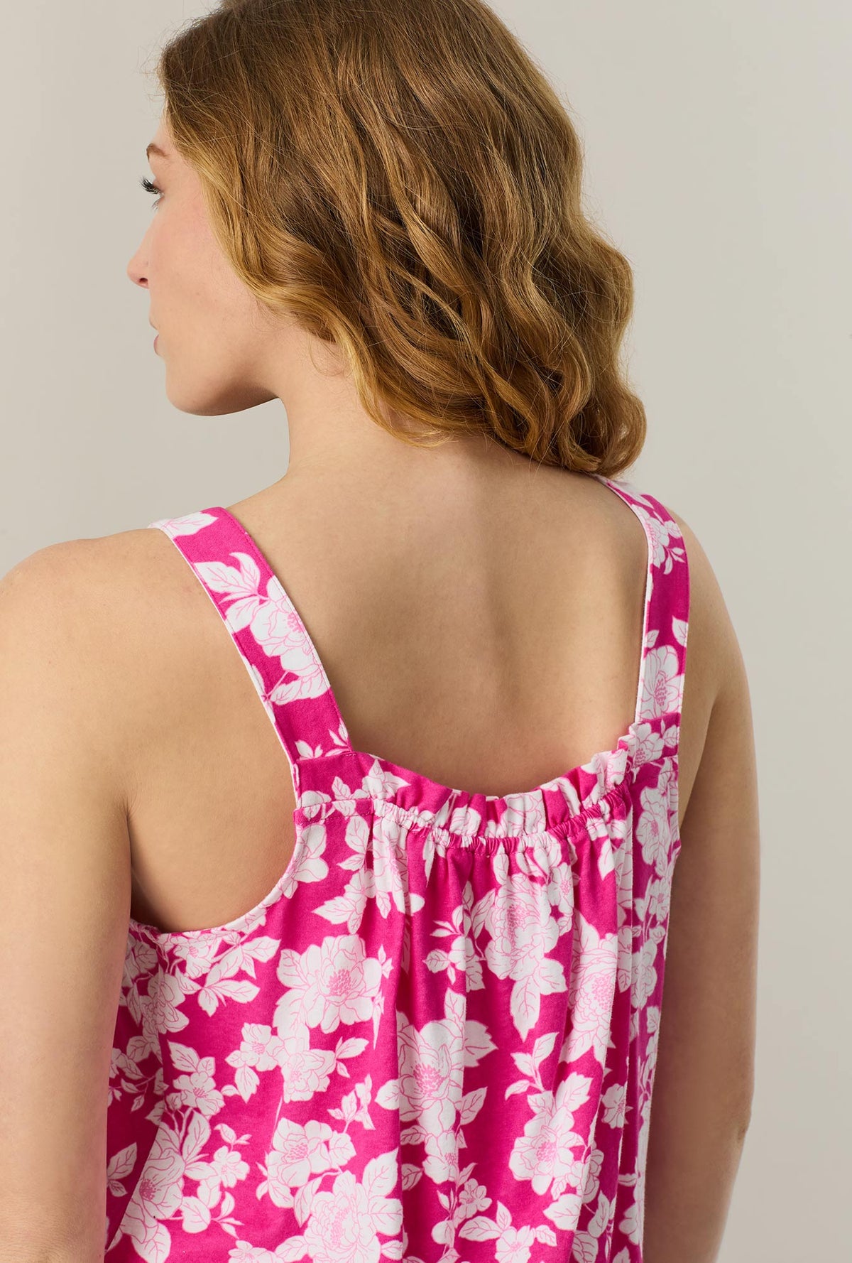 A lady wearing Raspberry Rose Cotton Bermuda Pajama Set closer back view