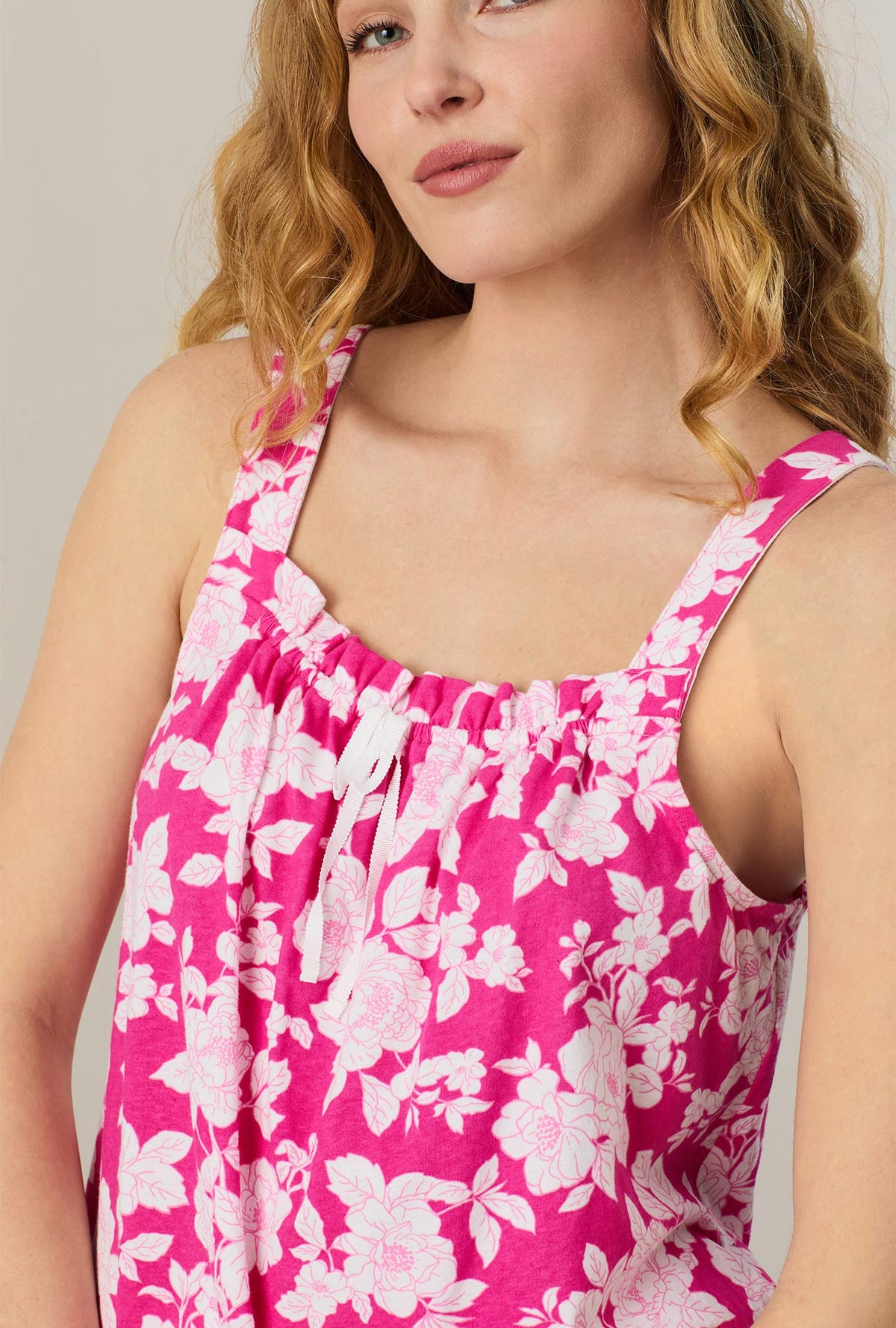 A lady wearing Raspberry Rose Cotton Bermuda Pajama Set closer look