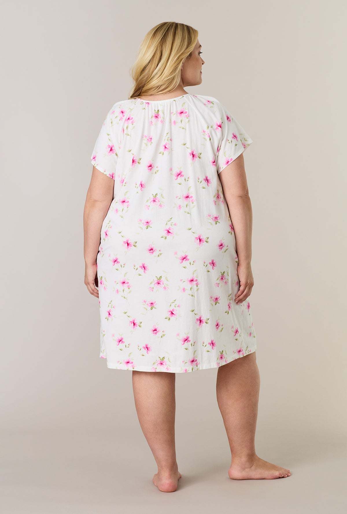 A lady wearing plus size Blush Garden Short Sleeve Cotton Short Nightgown back view