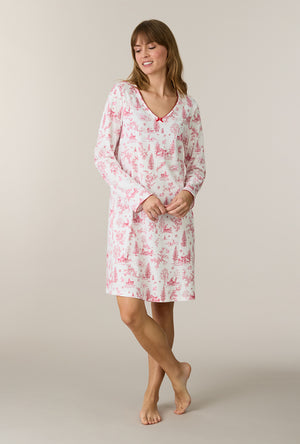 A lady wearing Winter Cottage Toile Cotton Short Nightgown looking down