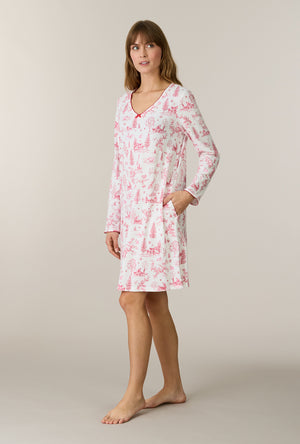 A lady wearing Winter Cottage Toile Cotton Short Nightgown 