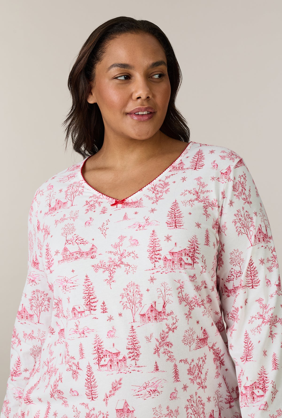 A lady wearing plus size Winter Cottage Toile Cotton Short Nightgown closer look