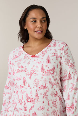 A lady wearing plus size Winter Cottage Toile Cotton Short Nightgown closer look