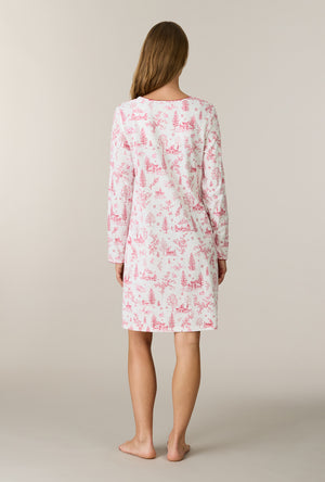 A lady wearing Winter Cottage Toile Cotton Short Nightgown back view