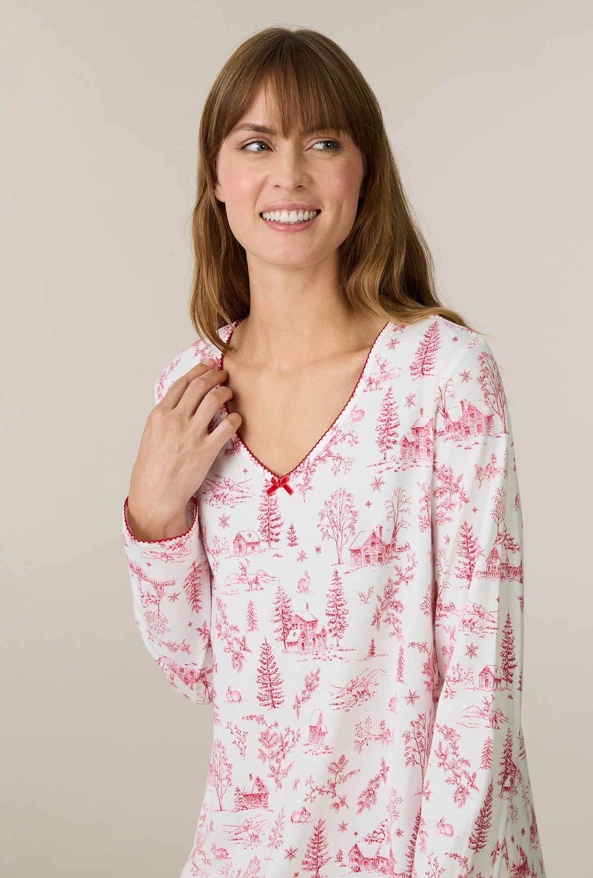 A lady wearing Winter Cottage Toile Cotton Short Nightgown closer look