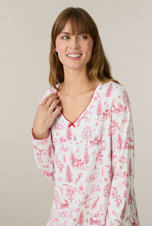 A lady wearing Winter Cottage Toile Cotton Short Nightgown closer look