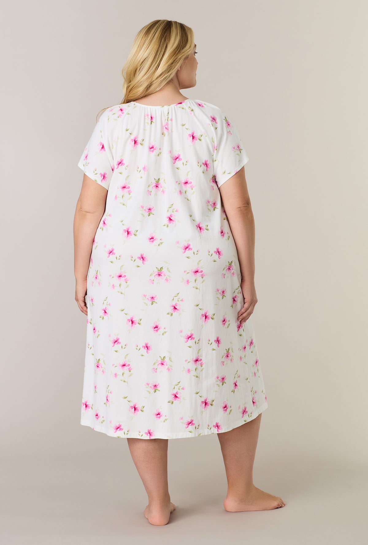 A lady wearing plus size Blush Garden Cotton Midi Nightgown back view