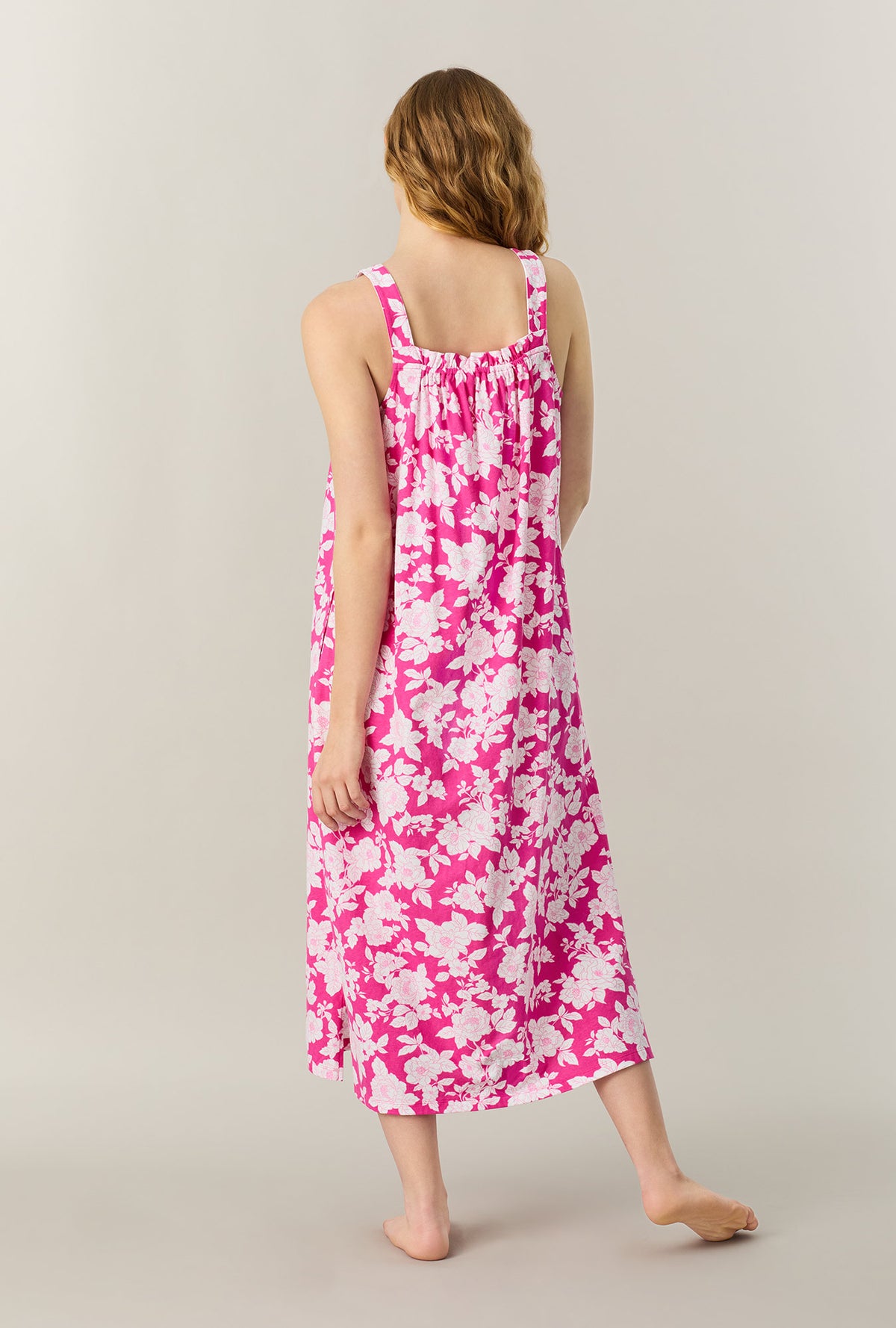A lady wearing Raspberry Rose Cotton Long Chemise back view