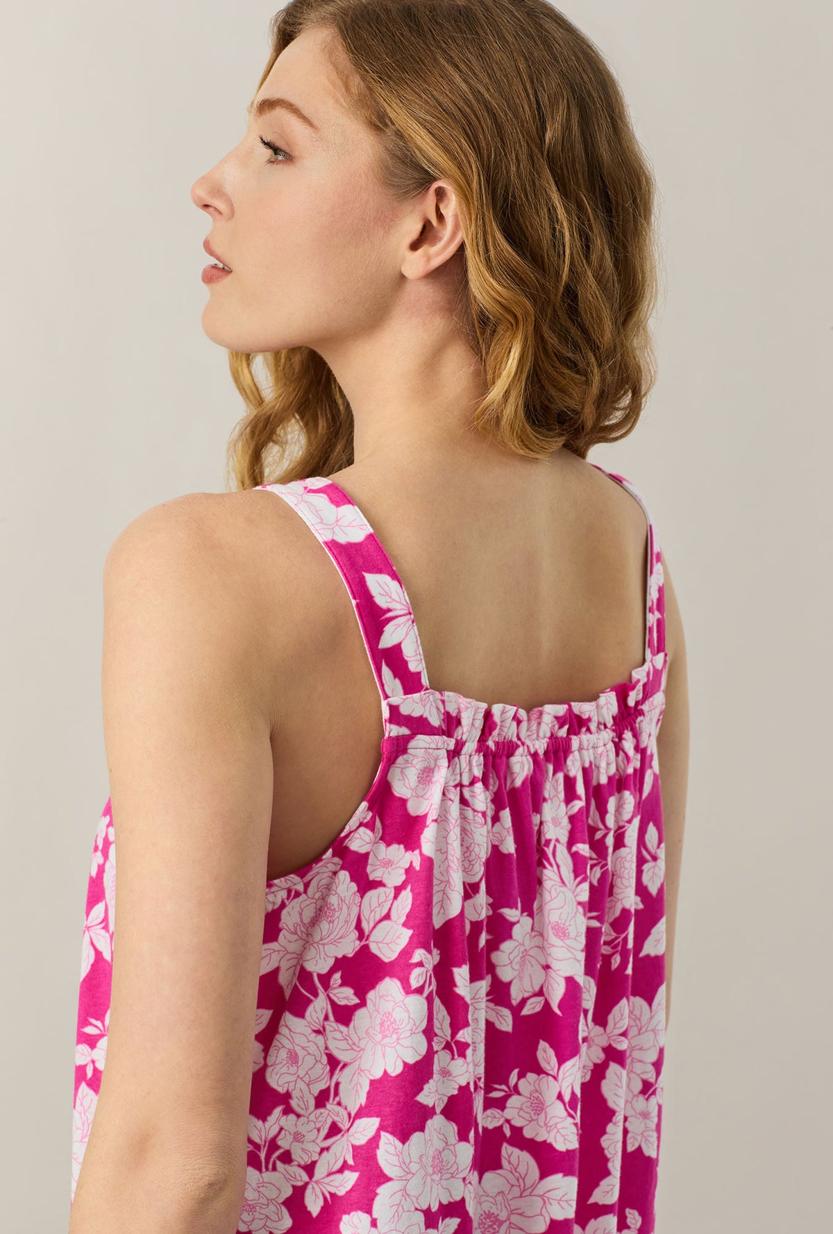 A lady wearing Raspberry Rose Cotton Long Chemise closer back view
