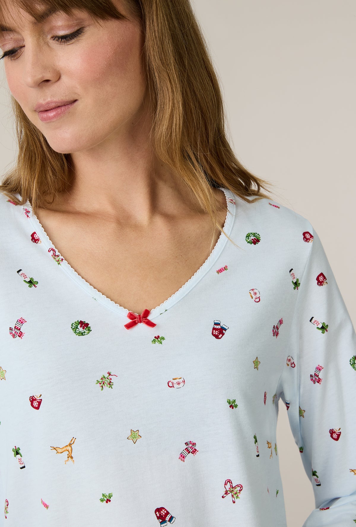 A lady wearing Holiday Keepsakes Cotton Short Nightgown closer look