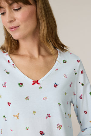 A lady wearing Holiday Keepsakes Cotton Short Nightgown closer look