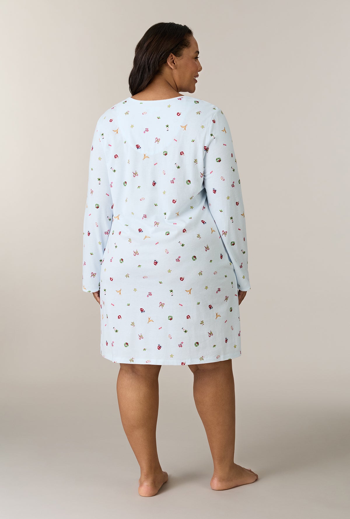 A lady wearing plus size Holiday Keepsakes Cotton Short Nightgown back view