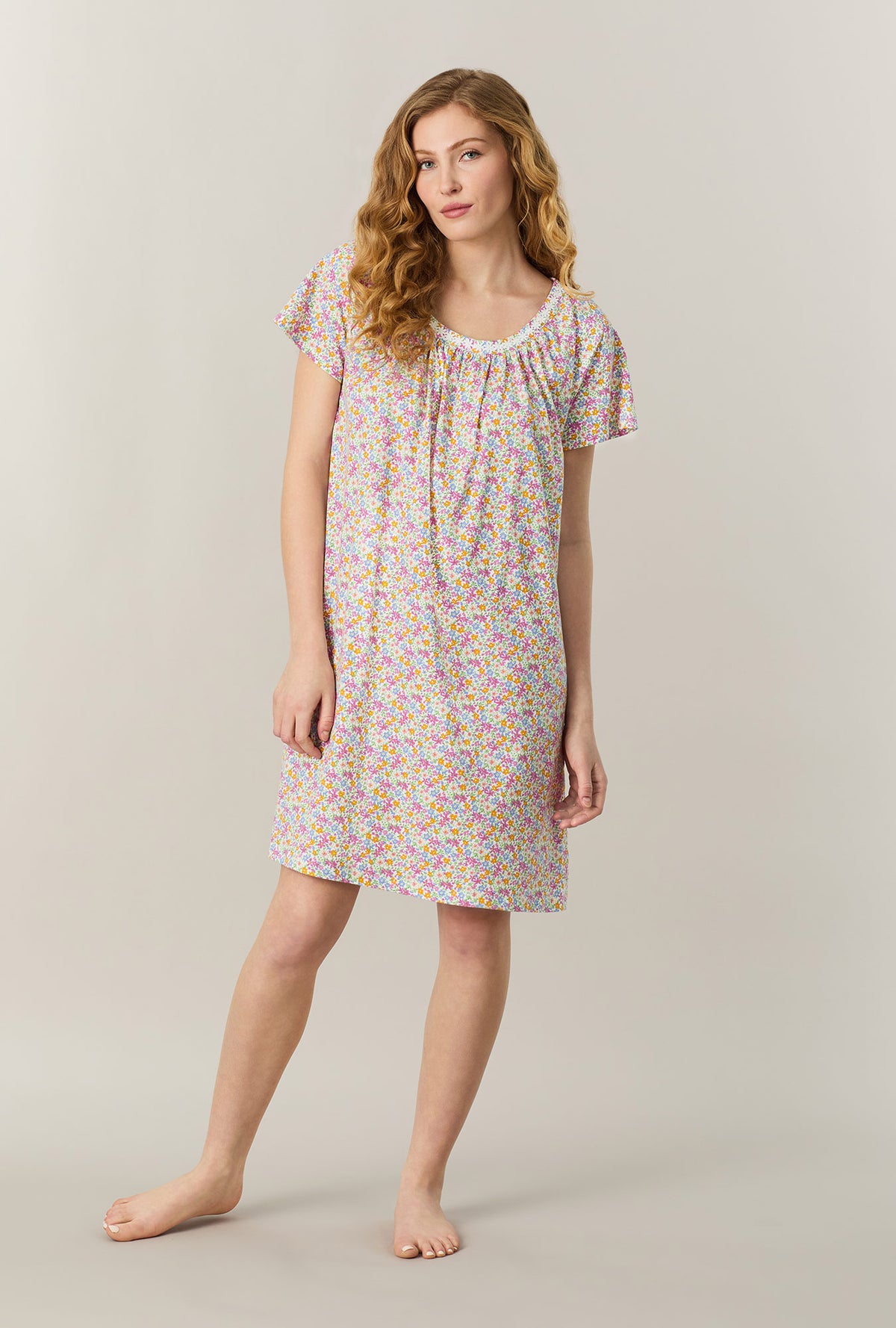 A lady wearing Summer Meadow Short Sleeve Cotton Short Nightgown