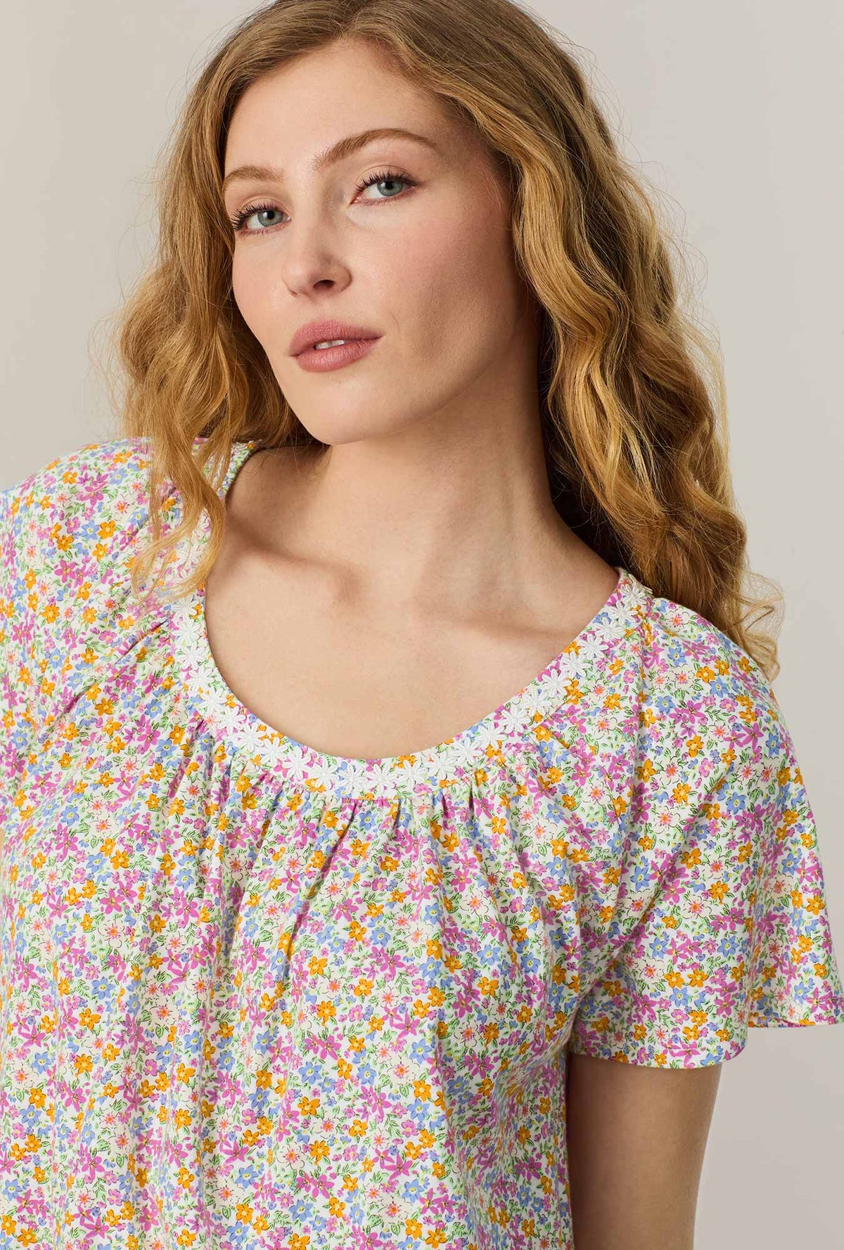A lady wearing Summer Meadow Short Sleeve Cotton Short Nightgown closer look
