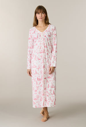 A lady wearing Winter Cottage Toile Cotton Ballet Nightgown looking front