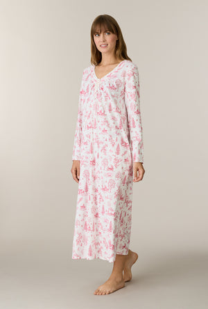 A lady wearing Winter Cottage Toile Cotton Ballet Nightgown