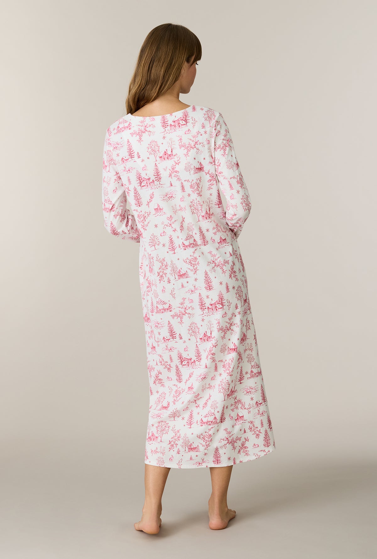 A lady wearing Winter Cottage Toile Cotton Ballet Nightgown back view