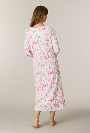 A lady wearing Winter Cottage Toile Cotton Ballet Nightgown back view