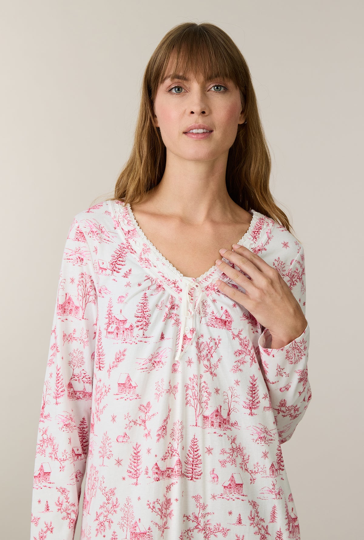 A lady wearing Winter Cottage Toile Cotton Ballet Nightgown closer look
